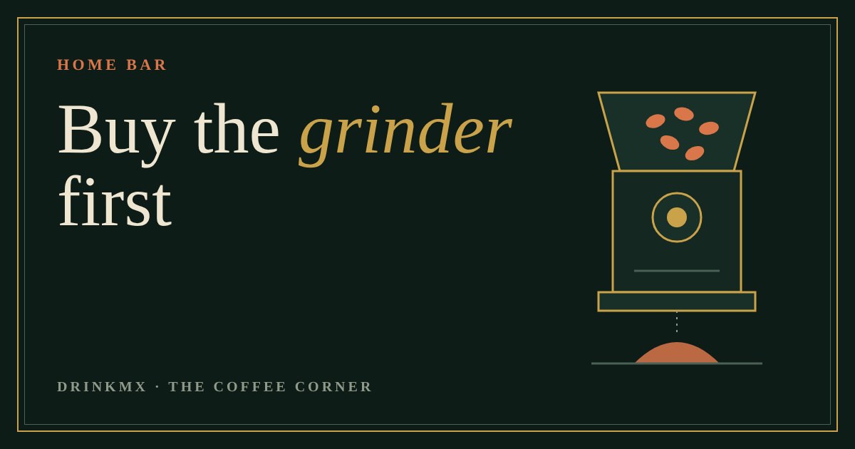A line-drawn coffee grinder with beans in the hopper and ground coffee piling below, on a dark green background