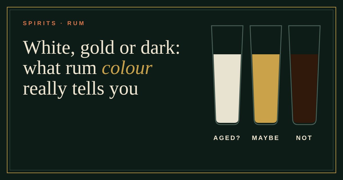 Three glasses of rum in white, gold and dark, each labelled age unknown