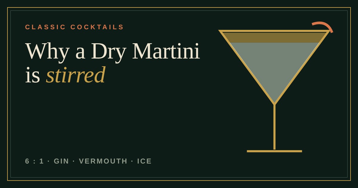A martini glass of gin and vermouth with a lemon twist, drawn in gold on dark green