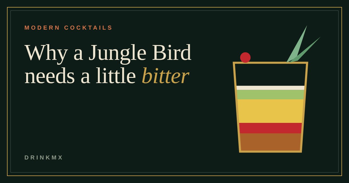 A tumbler of layered rum, Campari, pineapple and lime with a pineapple leaf and cherry garnish