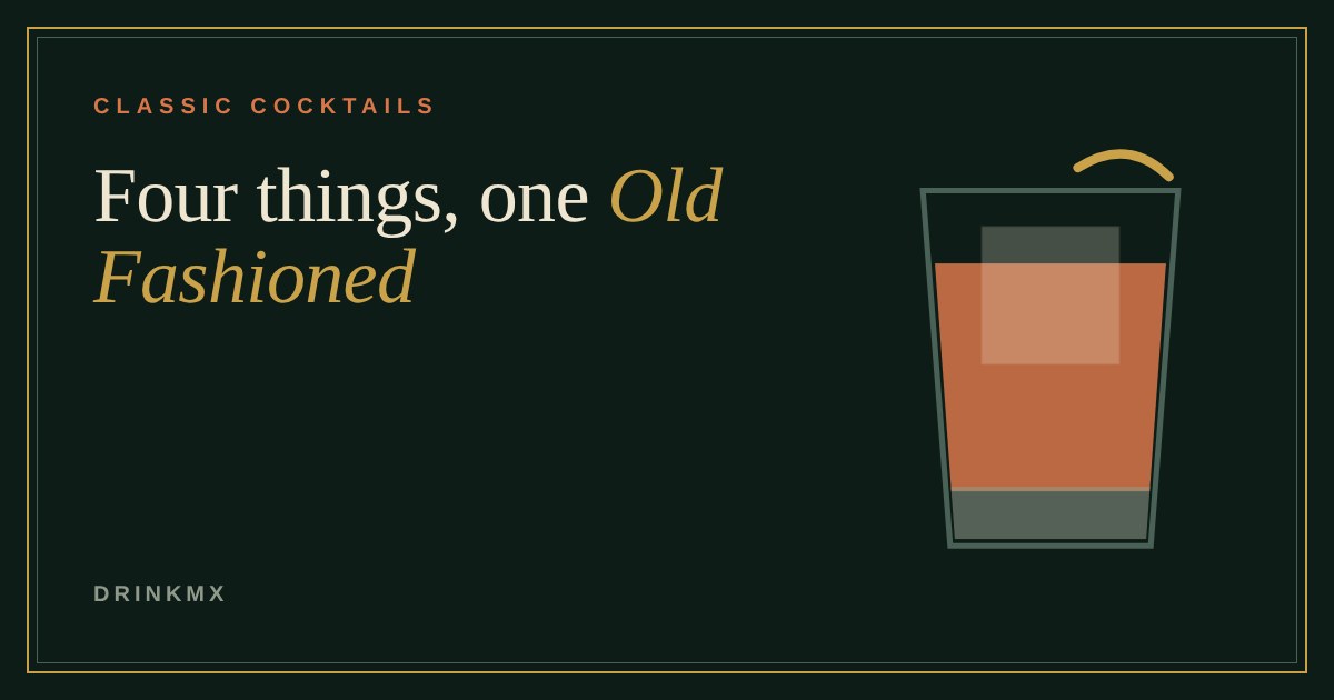 A rocks glass of Old Fashioned with one large ice cube and an orange peel twist