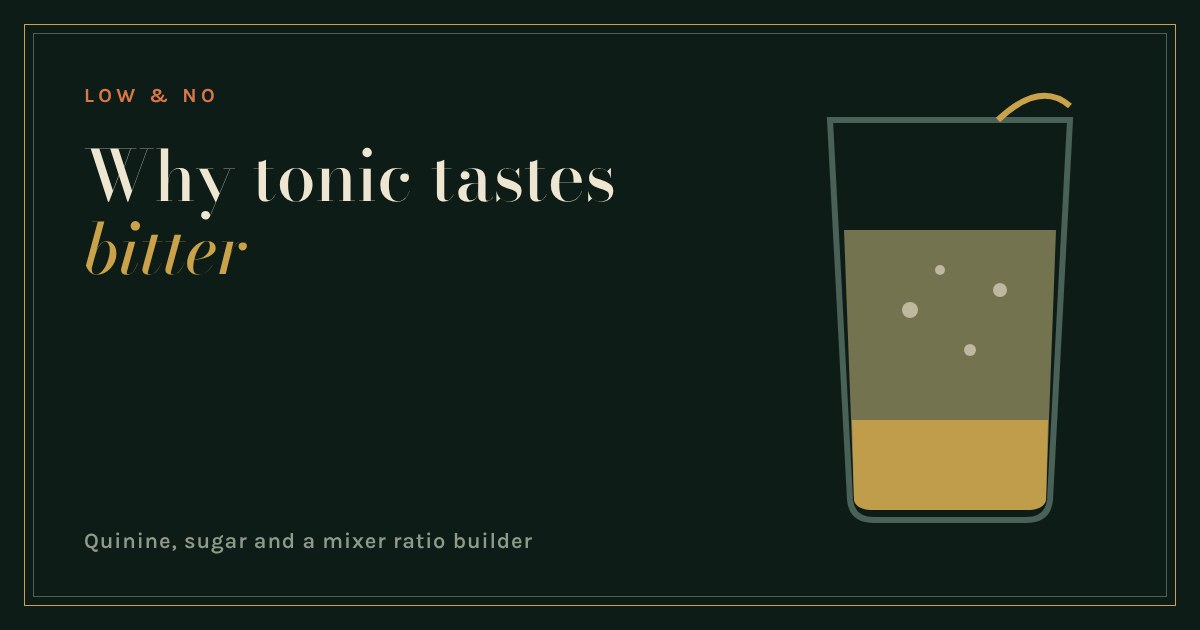 A tall glass of tonic water over a measure of spirit, drawn in gold and green